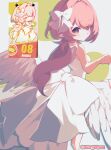  1girl aged_down alternate_costume bare_shoulders blush bow breasts commentary_request dress feathered_wings from_behind hair_bow hair_ornament highres long_hair looking_at_viewer miri_(cherryjelly) pink_hair pointy_ears reference_inset remielle_dan solo twitter_username white_bow white_dress white_wings wings zenless_zone_zero 