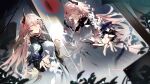  2girls absurdres against_glass arknights bell_sleeves black_horns blood blood_on_face breasts chinese_commentary cleavage cleavage_cutout clothing_cutout commentary_request demon_girl demon_horns diamond_cutout different_reflection dress dual_persona dutch_angle flower from_side hand_on_glass highres horns jewelry long_hair material_growth medium_breasts mirror multiple_girls multiple_rings offering_hand oripathy_lesion_(arknights) outstretched_arm parted_lips pink_eyes pink_hair reaching reaching_towards_viewer reflection ring ring_on_every_finger theresa_(arknights) white_dress white_flower xun_yi 
