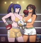  3girls :3 abs armpit_peek asymmetrical_docking bare_arms bare_shoulders bikini bikini_top_only blue_eyes blue_hair borrowed_character boxing boxing_gloves boxing_ring boxing_shorts breast_press breasts collarbone commentary commission cowboy_shot dark-skinned_female dark_skin dif_(difman) difman english_commentary eye_contact hair_between_eyes hair_ribbon highres kubera_reyes_(artee) large_breasts long_hair looking_at_another multiple_girls navel original parted_lips ponytail raised_eyebrow red_ribbon ribbon ring_light_reflection rinka_miya_(xtremefembox) short_hair short_shorts shorts sidelocks slit_pupils smile spotlight standing swimsuit white_ribbon white_shorts yellow_eyes yellow_shorts 