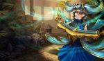 1girl bare_shoulders blue_hair breasts cleavage detached_sleeves dress gradient_hair hair_ornament highres impossible_clothes impossible_dress large_breasts league_of_legends long_hair low_neckline multicolored_hair official_art outdoors solo sona_buvelle twintails very_long_hair yellow_eyes 