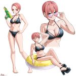  1girl absurdres adjusting_eyewear barefoot bikini black_bikini black_shoes blue_eyes blush breasts cleavage closed_mouth collarbone commentary_request cropped_torso dated earrings feet full_body go-toubun_no_hanayome gradient-tinted_eyewear halterneck hand_on_own_hip hand_up heart heart-shaped_eyewear high_heel_sandals high_heels highres holding holding_water_gun innertube jewelry looking_at_viewer nakano_ichika navel official_alternate_costume on_innertube open-toe_shoes parted_bangs pink_hair purple-tinted_eyewear ricky_(haye4843) sandals shoes short_hair signature simple_background sitting standing swim_ring swimsuit thighs tinted_eyewear toes triangle_bikini_top upper_body water_gun 
