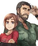  1girl arms_up beard blue_eyes brown_hair crossed_arms ellie_(the_last_of_us) facial_hair joel_(the_last_of_us) long_hair looking_at_viewer pepe_(jonasan) ponytail smile the_last_of_us watch 