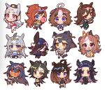  6+girls ahoge air_shakur_(umamusume) air_shakur_(unsigned)_(umamusume) animal_ears armband bandaid bandaid_on_face bandaid_on_nose black_hair blowing_bubble_gum blue_eyes blush bowl brooch brown_hair bubble_gum_fellow_(popping!)_(umamusume) bubble_gum_fellow_(umamusume) chewing_gum chibi chibi_only closed_mouth coat colored_inner_hair commentary copano_rickey_(eightfold_fortune)_(umamusume) copano_rickey_(umamusume) crop_top dark-skinned_female dark_skin double-parted_bangs double_bun dress duramente_(red_in_black)_(umamusume) duramente_(umamusume) ear_covers ear_ornament ear_ribbon eating english_commentary fang fenomeno_(black_flames_of_the_righteous_spirit)_(umamusume) fenomeno_(umamusume) fingerless_gloves gloves glutton gold_ship_(red_strife)_(umamusume) gold_ship_(umamusume) green_jacket green_pants grey_hair hair_bun hairband hat highres hishi_amazon_(azure_amazon)_(umamusume) hishi_amazon_(umamusume) holding holding_bowl holding_skewer horse_ears horse_girl horse_pose horse_tail jacket jewelry long_hair long_sleeves meisho_doto_(turbulent_blue)_(umamusume) meisho_doto_(umamusume) mismatched_ear_covers mouth_hold multicolored_hair multiple_girls narita_brian_(maverick)_(umamusume) narita_brian_(umamusume) noto_hams oguri_cap_(starlight_beat)_(umamusume) oguri_cap_(umamusume) open_mouth orange_eyes pants pantyhose peaked_cap pillbox_hat pink_eyes pink_hairband pleated_skirt purple_eyes purple_hair red_dress red_eyes rice_bowl rice_shower_(rosy_dreams)_(umamusume) rice_shower_(umamusume) sharp_teeth short_hair single_thighhigh sirius_symboli_(feroce)_(umamusume) sirius_symboli_(umamusume) sitting skewer skirt sleeveless sleeveless_dress smile stalk_in_mouth standing star_brooch streaked_hair striped_armband striped_clothes tail teeth thighhighs tilted_headwear two-tone_hair umamusume white_background white_coat white_gloves white_hair white_pantyhose yellow_dress yellow_eyes yellow_jacket yellow_sleeves 