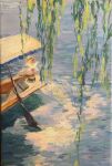  1girl absurdres boat commentary_request facing_away highres lily_white outdoors plant qiongyoo scenery solo touhou traditional_media water watercraft wide_shot 