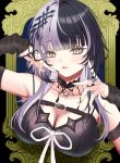  1girl :3 absurdres arm_up arm_warmers armpits bare_shoulders black_arm_warmers black_choker black_dress black_eyeshadow black_hair black_nails blunt_bangs breasts chest_strap choker cleavage collarbone commentary dress eyeshadow hair_intakes hair_ornament hands_up highres hololive hololive_english jewelry kureto0130 lace-trimmed_choker lace_trim large_breasts makeup multicolored_hair multiple_rings nail_polish parted_lips ring shiori_novella short_sleeves sleeveless sleeveless_dress smile solo spaghetti_strap split-color_hair striped_arm_warmers two-tone_hair virtual_youtuber white_hair yellow_eyes 