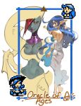  2girls ahoge armlet ass barefoot blue_border blue_eyes blue_hair border breasts cleavage colored_skin copyright_name detached_sleeves dress earrings english_text flipped_sidelocks forehead_jewel from_behind gold_armlet gorget green_skirt grey_skin hand_in_own_hair hand_on_own_hip highres hip_bones hoop_earrings jewelry large_breasts linesharkart lips long_hair long_skirt looking_back midriff multiple_girls narrow_waist nayru orange_eyes partially_colored pixel_art pointy_ears profile red_hair reference_inset shoulder_spikes sideboob skirt smile spiked_hat spikes the_legend_of_zelda the_legend_of_zelda:_oracle_of_ages triforce veran wavy_hair white_background white_dress wide_hips 