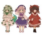  3girls aged_down ahoge animal_ears aqua_eyes arm_up back_bow black_boots blunt_bangs boots bow bowtie brown_hair brown_shoes buttons capelet charm_(object) child chimera_(honkai:_star_rail) closed_mouth commentary cyrene_(honkai:_star_rail) cyrene_(philia093)_(honkai:_star_rail) double-parted_bangs dress fiery_tail fire footwear_bow fox_ears fox_girl fox_tail frilled_capelet frilled_dress frilled_shirt_collar frilled_skirt frilled_sleeves frills green_bow green_bowtie green_eyes green_hair green_ribbon hair_between_eyes hair_intakes hair_ornament hair_ribbon hand_on_headwear hat headdress honkai:_star_rail honkai_(series) huohuo_(honkai:_star_rail) iwashi_(iwashi008) long_hair long_sleeves looking_at_viewer medium_hair multiple_girls parted_bangs parted_lips phainon_(honkai:_star_rail) phainon_(vigethos)_(honkai:_star_rail) pink_bow pink_bowtie pink_hair pink_pupils pink_shoes pleated_skirt puffy_long_sleeves puffy_sleeves purple_bow purple_hat purple_sailor_collar purple_skirt red_bow red_bowtie red_dress red_eyes red_headdress red_ribbon ribbon ribbon-trimmed_capelet ribbon_trim sailor_collar sailor_hat sailor_shirt see-through_capelet see-through_clothes shirt shoes sidelocks simple_background skirt sleeve_cuffs smile socks sparkle_(honkai:_star_rail) standing symbol-shaped_pupils tail two_side_up untranslatable_commentary very_long_hair wavy_mouth white_background white_capelet white_dress white_shirt white_socks 