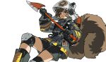  1girl absurdres animal_ear_helmet animal_helmet arknights axe black_gloves black_jacket black_shorts brown_eyes brown_hair chinese_commentary commentary_request feet_out_of_frame firefighter firefighter_helmet firefighter_jacket gloves highres holding holding_axe invisible_chair jacket knee_guards long_sleeves looking_at_viewer parted_lips shaw_(arknights) short_hair shorts simple_background sitting solo squirrel_girl squirrel_tail tail white_background zaoshang_huai 