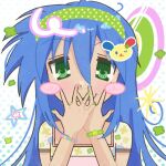  1girl bead_bracelet beads blue_hair blush blush_stickers bracelet cha_cloverr character_hair_ornament green_eyes hair_ornament hairclip izumi_konata jewelry lucky_star multicolored_nails official_style polka_dot_hairband print_shirt sanrio shirt solo usahana 