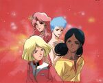 4girls bindi black_hair blonde_hair blue_eyes commentary_request dark-skinned_female dark_skin dokite_tsukasa double_bun earth_federation gundam gundam_gihren_no_yabou gundam_side_story:_the_blue_destiny hair_bun kuzco_al lalah_sune marion_whelch military_uniform mobile_suit_gundam multiple_girls nude official_art sayla_mass short_hair smile 