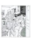  1boy 2girls absurdres azur_lane bag belfast_(azur_lane) border borrowed_character braid commander_(azur_lane) commission couch curtains dark-skinned_male dark_skin denim english_commentary family flamelo half_up_braid hat hatching_(texture) highres hug hunched_over husband_and_wife indoors jacket jeans linear_hatching little_bel_(azur_lane) long_hair long_sleeves military_hat military_uniform multiple_girls open_door original pajamas pants parent_and_child parted_lips peaked_cap photo_(medium) picture_frame pillow ribbed_sweater short_hair shoulder_bag shoulder_boards sidelocks slippers smile standing suit_jacket suit_pants sweater table traditional_media wavy_hair white_border window woven_hatching 