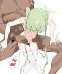  1boy 1girl armband black_tail blue_archive blue_armband breasts clothes_pull commentary dark-skinned_male dark_skin facing_down feet_out_of_frame green_hair green_halo halo hands_on_another's_thighs hands_on_another's_waist heart hetero legs_together looking_down measho navel nipples nozomi_(blue_archive) nude out_of_frame pantyhose pantyhose_pull pussy_juice reverse_upright_straddle sex simple_background sketch small_breasts solo_focus spoken_heart stomach trembling twintails untranslatable_commentary white_background 