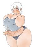  ass blush breast_expansion breasts bursting_breasts deep_skin erect_nipples gigantic_breasts huge_ass plump red_eyes shirt_tug surprised tanline tixil white_background white_hair wide_hips 