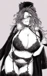  1girl aiguillette animal_collar animal_ears arknights bear_ears bear_girl blush bra breasts cleavage clenched_teeth coat coat_on_shoulders collar cowboy_shot eloysius_(arknights) female_pubic_hair full_cleavage fur-trimmed_coat fur_trim furrowed_brow garter_belt garter_straps grey_background greyscale hat highres holding holding_leash holding_own_leash huge_breasts kyoeikyoei52906 lace-trimmed_bra lace-trimmed_garter_belt lace-trimmed_panties lace-trimmed_thighhighs lace_trim leash long_hair looking_at_viewer monochrome multicolored_hair open_clothes open_coat panties parted_bangs pubic_hair pubic_hair_peek scowl simple_background solo standing streaked_hair sweat teeth thigh_gap thighhighs two-tone_hair underwear ursus_logo 