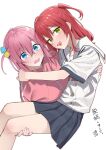  2girls absurdres blue_eyes blush bocchi_the_rock! breasts gotoh_hitori green_eyes highres jacket kawai_ritsu_(rits_meg) kita_ikuyo large_breasts long_hair looking_at_viewer multiple_girls open_mouth pink_hair pink_jacket pleated_skirt red_hair sailor_collar school_uniform serafuku short_sleeves side_ponytail simple_background skirt 