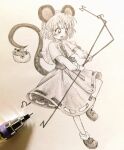  1girl animal_ears art_tools_in_frame basket blush capelet commentary_request dowsing_rod dual_wielding highres holding holding_with_tail jewelry leg_up mouse_(animal) mouse_ears mouse_girl mouse_tail nazrin necklace open_mouth pendant photo_(medium) prehensile_tail shirt shoes skirt smile socks solo tail touhou traditional_media vest zerrrou 