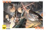  1girl arknights arm_belt arm_wrap bare_shoulders black_shirt breasts character_name chinese_commentary clenched_teeth coat commentary_request cowboy_shot dragon_girl dragon_horns earrings fighting_stance from_below glint grey_hair highres holding holding_shield horns jewelry long_hair medium_breasts multicolored_coat official_alternate_costume profile riot_shield saria_(arknights) saria_(stronghold)_(arknights) shield shirt single_off_shoulder solo strapless strapless_shirt syringe_gun teeth thighhighs xun_yi yellow_eyes 