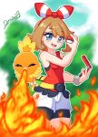  1girl absurdres bag bike_shorts bike_shorts_under_shorts blue_eyes brown_hair dznovart fire forest hairband happy highres holding holding_poke_ball holding_pokedex may_(pokemon) medium_hair mega_ring mega_stone nature open_mouth poke_ball pokedex pokemon pokemon_(creature) pokemon_omega_ruby_and_alpha_sapphire red_hairband red_shirt ribbon self-upload shirt shorts sleeveless sleeveless_shirt smile standing thighs tight_clothes torchic 