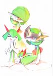 4others armor bob_cut bowl_cut closed_eyes colored_skin commentary dress english_commentary evolutionary_line gardevoir green_hair green_skin highres horns kirlia maeyufiore multicolored_skin multiple_others pink_eyes pokemon pokemon_(creature) ralts sidelocks simple_background sitting smile two-tone_skin white_background white_dress white_skin 