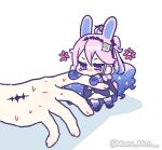  1boy 1girl ahoge anger_vein animal_ears biting biting_another's_finger blue_eyes blue_hair colored_extremities colored_inner_hair commentary_request denia_(breakdown)_(wuthering_waves) denia_(wuthering_waves) dress hair_ornament kemonomimi_mode korean_commentary male_rover_(wuthering_waves) mini_person minigirl mono_mon multicolored_hair pink_hair purple_dress rabbit_ears rabbit_girl rover_(wuthering_waves) tacet_mark_(wuthering_waves) tearing_up twitter_username wuthering_waves 