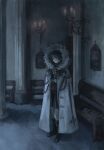  1boy aiguillette armor bench black_boots black_hair black_shirt black_shorts blunt_ends book boots candle candlelight candlestand closed_mouth coat commentary crossed_arms empty_eyes english_commentary expressionless fatui_logo full_body fur-trimmed_coat fur-trimmed_hood fur_trim genshin_impact gold highres hood hood_up hooded_coat japanese_armor jewelry knee_boots kote kurokote lace-up_boots lapels looking_to_the_side male_focus mitsudomoe_(shape) neck_ring portrait_(object) purple_eyes purple_sash red_sash sash scaramouche_(genshin_impact) scaramouche_(harbinger)_(genshin_impact) shirt shorts solo standing tomoe_(symbol) tsurime white_coat white_hood wolf_cut yoruli_e 