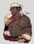  1boy abs bara bare_pectorals braid braided_ponytail commentary_request dark-skinned_male dark_skin ear_piercing earrings eyepatch flee_ad frown igote jewelry large_pectorals long_hair looking_at_viewer male_focus mature_male monster_boy muscular muscular_male navel nipples orc original pectorals piercing pointy_ears scar scar_across_eye scar_on_face side_cape solo stomach stud_earrings tusks undercut very_dark_skin white_hair 