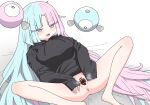  1girl absurdres alternate_breast_size_(larger) bar_censor barefoot black_hoodie blush bottomless breasts censored character_hair_ornament commentary_request fang hair_ornament half-closed_eyes highres hood hood_down hoodie iono_(pokemon) long_hair lying multicolored_eyes multicolored_hair on_back open_mouth pokemon pokemon_scarlet_and_violet pussy skin_fang spread_legs spread_pussy spreading_own_pussy steaming_body sweatdrop tassel two-tone_hair yasei_hinakichi 