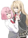  2girls absurdres amaori_renako ashigaya_high_school_uniform averting_eyes black_cardigan black_jacket black_pantyhose blonde_hair blue_eyes bow bowtie braid cardigan clothes_around_waist collared_shirt commentary_request embarrassed frilled_skirt frills grey_cardigan grey_skirt grey_sweater hair_between_eyes hair_intakes hair_ornament hairclip highres holding_hands interlocked_fingers jacket light_blush long_hair long_sleeves looking_at_another medium_hair miniskirt multiple_girls nape_braid open_clothes open_jacket open_mouth ouzuka_mai pantyhose parallel_hairclips pink_hair plaid_clothes plaid_skirt red_bow red_bowtie school_uniform shirt simple_background skirt smile standing sweater sweater_around_waist user_ftsk8885 very_long_hair watashi_ga_koibito_ni_nareru_wake_naijan_murimuri! white_background white_shirt white_trim x_hair_ornament yuri 