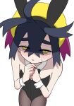  1boy absurdres alternate_costume animal_ears black_hair black_leotard blush collarbone commentary_request detached_collar hair_between_eyes hairband half-closed_eyes hands_up highres kieran_(pokemon) leotard male_focus male_playboy_bunny own_hands_together pantyhose pokemon pokemon_scarlet_and_violet rabbit_ears simple_background solo sweatdrop white_background wrist_cuffs yasei_hinakichi yellow_eyes yellow_hairband 
