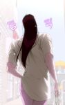  1girl black_hair blood_time commentary_request from_behind ha-yang_baek hand_on_own_hip highres holding korean_commentary murrang_f official_art pale_skin pants pink_pants shirt solo translated yellow_shirt 