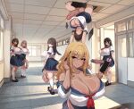  6+girls absurdres arms_at_sides arms_up aroused black_shoes blonde_hair blue_skirt blush breasts brown_eyes brown_hair bulge ceiling cellphone cleavage commentary covered_nipples dark_penis english_commentary erection erection_under_clothes falling forehead futanari gigantic_penis grin gyaru hair_ornament hairclip half-erect hallway hands_in_pockets headphones headphones_around_neck highres holding holding_phone huge_breasts huge_testicles jaw_drop looking_at_another looking_back makeup mascara mascara_wand miniskirt multiple_girls neckerchief ohthicc open_mouth original panties parted_lips penis phone pleated_skirt precum precum_drip puffy_nipples rabbit_ear_smartphone_case red_neckerchief school school_uniform seductive_smile shadow shirt_overhang shoes single_off_shoulder skirt skirt_pocket sliding_doors smartphone smartphone_case smile socks standing summer_uniform surprised testicles tile_ceiling tiles uncensored underwear upside-down walking white_panties white_socks wide-eyed window 