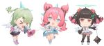  >_< 3girls :d absurdres angels_of_delusion aqua_streaks aria_(human)_(zenless_zone_zero) aria_(zenless_zone_zero) arm_warmers asymmetrical_bangs bag bandaid bandaid_hair_ornament black_bow black_hair black_thighhighs boots bow breasts chibi chibi_only collared_shirt colored_inner_hair commentary_request dress earrings fang fingerless_gloves full_body fur-trimmed_skirt fur-trimmed_sleeves fur_trim gloves green_bow green_eyes green_hair hair_bow hair_ornament hairclip highres holding holding_mace holding_megaphone holding_microphone holding_weapon jewelry leg_warmers long_hair looking_at_viewer mace medium_breasts megaphone microphone multicolored_hair multicolored_leg_warmers multiple_girls multiple_hairclips musical_note_earrings nangong_yu one_eye_closed pink_arm_warmers pink_bag pink_hair pink_leg_warmers red_eyes shengkai167 shirt skirt smile streaked_hair striped_arm_warmers striped_leg_warmers sunna_(zenless_zone_zero) thighhighs tongue tongue_out two-tone_leg_warmers very_long_hair weapon white_background white_boots white_dress white_shirt white_wings winged_bag wings zenless_zone_zero 
