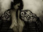  1girl black_hair closed_mouth cowboy_shot dress expressionless hair_over_one_eye head_tilt highres long_hair looking_ahead looking_at_viewer muted_colors on_bench original parasitewang sepia short_dress sitting sleeveless sleeveless_dress solo 
