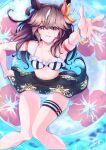  1girl absurdres animal_ears arm_strap arm_up bare_shoulders bikini bikini_skirt black_bikini black_hairband blush bracelet breasts brown_hair buke_(rocbouquet_0908) commentary_request curren_bouquetd'or_(umamusume) from_above grey_eyes hair_between_eyes hairband highres horse_ears horse_girl horse_tail innertube jewelry long_hair looking_at_viewer medium_breasts multicolored_hair on_innertube outstretched_arm parted_lips smile solo stomach streaked_hair swim_ring swimsuit tail thigh_strap umamusume water white_bikini 
