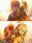  1boy 1girl ^_^ arm_ribbon backlighting bikini black_choker blue_jacket blush breasts brother_and_sister choker cloak closed_eyes collarbone crossed_bangs earrings feathered_wings flower flower_choker gold_earrings grey_hair hair_between_eyes hair_ornament halo halo_behind_head happy head_wings highres holding holding_flower honkai:_star_rail honkai_(series) jacket jewelry large_breasts long_hair long_sleeves open_mouth petals pkgllllllv purple_hair purple_ribbon purple_shirt ribbon robin_(honkai:_star_rail) robin_(summeretto)_(honkai:_star_rail) scarf shirt short_hair siblings sidelocks simple_background single_sidelock smile starfish_hair_ornament sunday_(honkai:_star_rail) sunflower swimsuit teeth turtleneck turtleneck_shirt upper_body very_long_hair wavy_hair white_background white_bikini white_cloak white_scarf wings yellow_flower 