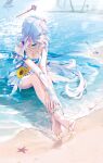  1girl absurdres barefoot beach bikini blue_hair boat breasts cleavage commentary feet halo head_wings highres honkai:_star_rail honkai_(series) jelmul large_breasts long_hair message_in_a_bottle official_alternate_costume robin_(honkai:_star_rail) robin_(summeretto)_(honkai:_star_rail) sailboat sarong sitting solo swimsuit toes very_long_hair water watercraft white_bikini white_sarong white_wings wings 