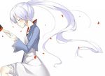  closed_eyes dress feng_ze long_hair one_knee out_of_frame petals ponytail rwby scar scar_across_eye solo_focus weiss_schnee white_hair wind 