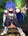  1girl armor black_thighhighs blue_hair blush boots breastplate caeda_(fire_emblem) commentary_request dress elbow_gloves embarrassed fire_emblem gloves highres knees_together_feet_apart long_hair michinoku_(michino934) panties pantyshot pee pee_puddle peeing peeing_self puddle red_dress solo thighhighs trembling underwear upskirt wet wet_clothes white_armor white_boots white_gloves white_panties 