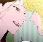  2girls black_hair blonde_hair blood_time close-up commentary_request da-yang_baek eye_contact fangs grey_eyes ha-yang_baek korean_commentary looking_at_another multiple_girls murrang_f official_art open_mouth pale_skin short_hair vampire 