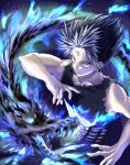  1990s_(style) 1boy attacking_viewer aura black_hair black_tank_top closed_mouth commentary_request dark_aura dragon hiei_(yu_yu_hakusho) highres imminent_attack looking_at_viewer male_focus ocharisandesu retro_artstyle simple_background spiked_hair tank_top third_eye yu_yu_hakusho 