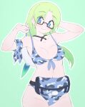  1girl armpits arms_up bag bikini blue_eyes blush breasts camouflage cleavage commentary_request glasses green_background green_hair hat highres kemono_friends large_breasts long_hair looking_at_viewer lowlandgorilla mirai_(kemono_friends) navel simple_background solo swimsuit 