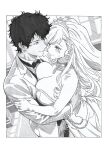  1boy 1girl absurdres asymmetrical_bangs azur_lane back_bow belfast_(azur_lane) belfast_(the_pledge_of_claddagh)_(azur_lane) border borrowed_character bow bowtie braid breast_press breasts bridal_veil bride broken broken_chain chain choker cleavage closed_mouth collared_shirt commander_(azur_lane) commission couple crying crying_with_eyes_open dark-skinned_male dark_skin dress dutch_angle english_commentary eye_contact flamelo floating_hair floating_veil greyscale groom hair_between_eyes half_up_braid hatching_(texture) hetero highres hug indoors jacket jewelry large_breasts linear_hatching long_hair looking_at_another monochrome official_alternate_costume original outside_border photo_(medium) ring shirt short_hair smile streaming_tears suit suit_jacket swept_bangs tears tiara traditional_bowtie traditional_media upper_body veil wedding wedding_dress wedding_ring white_border window woven_hatching 