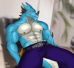  abs anthro belt biceps big_muscles blue_dragon blue_scale blue_scales blue_skin blush claws clothing dragon grey_skin hentist horn lizard looking_at_viewer male muscles nipples pants pecs pose reptile ryuga_takagi scales scalie sitting skin smile solo toned topless vein white_scales 