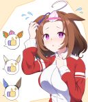 4girls @_@ admire_vega_(umamusume) ahoge animal_ears bangs_pinned_back blush breasts brown_hair commentary crown ear_covers ear_ribbon flying_sweatdrops forehead hairband highres hiro_(pqtks113) horse_ears horse_girl jacket large_breasts long_sleeves meisho_doto_(umamusume) mini_crown multicolored_hair multiple_girls narita_top_road_(umamusume) parted_lips pink_crown pink_hairband purple_eyes red_jacket short_hair single_ear_cover solo_focus spoken_thumbs_up sweatdrop t.m._opera_o_(umamusume) tracen_training_uniform track_jacket two-tone_hair umamusume white_hair 