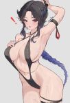  ! 1girl alternate_costume arm_strap arm_up armpits artist_name asymmetrical_horns belly_chain black_hair black_horns black_slingshot_swimsuit blue_hair blue_nails blush braid braided_ponytail breasts chyraliss cleavage collarbone commentary curtained_hair demon_horns earrings english_commentary flower full_cleavage gold_earrings hand_on_own_chest highres hololive hololive_english hoop_earrings horn_flower horns jewelry large_breasts long_hair looking_at_viewer mole mole_under_eye multicolored_hair nail_polish navel nerissa_ravencroft nerissa_ravencroft_(summer) o-ring o-ring_one-piece_swimsuit parted_bangs parted_lips red_eyes ring_light_reflection sidelocks simple_background skindentation slingshot_swimsuit solo split-color_hair swimsuit thigh_strap two-tone_hair uneven_horns very_long_hair virtual_youtuber wet 