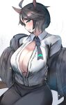 1girl absurdres ahoge alternate_breast_size_(larger) animal_ears black_hair black_jacket black_necktie blue_eyes blush breasts center_frills cleavage collared_shirt commentary_request frilled_shirt frills fuji_kiseki_(shooting_star_revue)_(umamusume) fuji_kiseki_(umamusume) full_cleavage grey_hair grey_streaks highres horse_ears jacket kanikama25 large_breasts long_sleeves looking_at_viewer multicolored_hair necktie no_bra no_shoes open_clothes open_jacket pants parted_lips seductive_smile shirt short_hair short_necktie sideways_glance single_hair_streak smile solo streaked_hair sweat two-tone_hair umamusume white_shirt wing_collar 