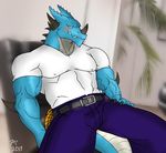  abs anthro belt biceps big_muscles blue_dragon blue_scale blue_scales blue_skin blush claws clothing dragon grey_skin hentist horn lizard looking_at_viewer male muscles nipples pants pecs pose reptile ryuga_takagi scales scalie shirt sitting skin smile solo toned vein white_scales 