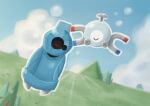 beldum blue_sky closed_eyes commentary_request floating highres magnemite magnet metal_skin no_humans one-eyed pocketekcop pokemon pokemon_(creature) pokemon_focus red_eyes screw sky tree 