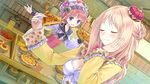  :d atelier_(series) atelier_meruru balancing blonde_hair blue_eyes blush braid breasts brown_hair cleavage closed_eyes crown dutch_angle eating floral_print food food_on_face fruit game_cg half_updo hand_on_own_cheek hat heart highres holding kishida_mel long_hair long_sleeves medium_breasts merurulince_rede_arls mini_crown multiple_girls official_art open_mouth outstretched_arm pie rororina_fryxell short_hair smile 