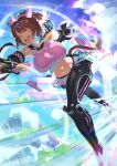  1girl absurdres adapted_costume ahoge animal_ears blush breasts brown_eyes brown_hair checkered_ribbon commentary dantsu_flame_(center_spotlight)_(umamusume) dantsu_flame_(umamusume) detached_sleeves ear_covers ear_ribbon english_commentary hair_between_eyes hairband highres horse_ears horse_girl horse_tail large_breasts mechanical_legs midriff multicolored_hair navel open_mouth pink_hairband pink_shorts shirt shorts smile solo spindrift tail teeth tied_shirt umamusume upper_teeth_only white_hair 